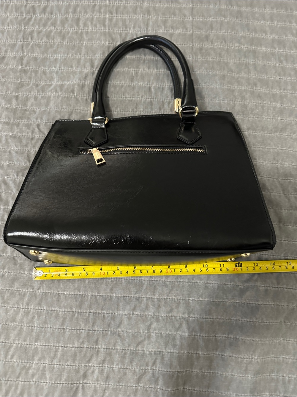 Structured Black Patent Satchel with Gold Hardware